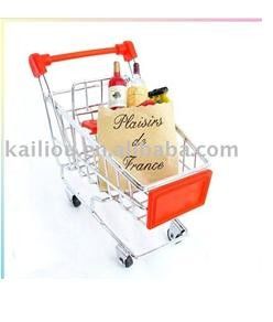 Çin Small Supermarket Shopping Trolley with advertisement board in red and metal base in chrome Fabrika