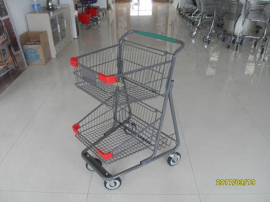 Çin Two Layer Basket Wire 4 Wheel Shopping Trolley / Cart With Color Poweder Coating Fabrika
