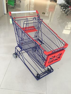 Çin 150 L 4 Tekerlekli Süpermarket Alışveriş Arabası Çinko Kaplama Ve Kırmızı Plastik Parçalar Fabrika